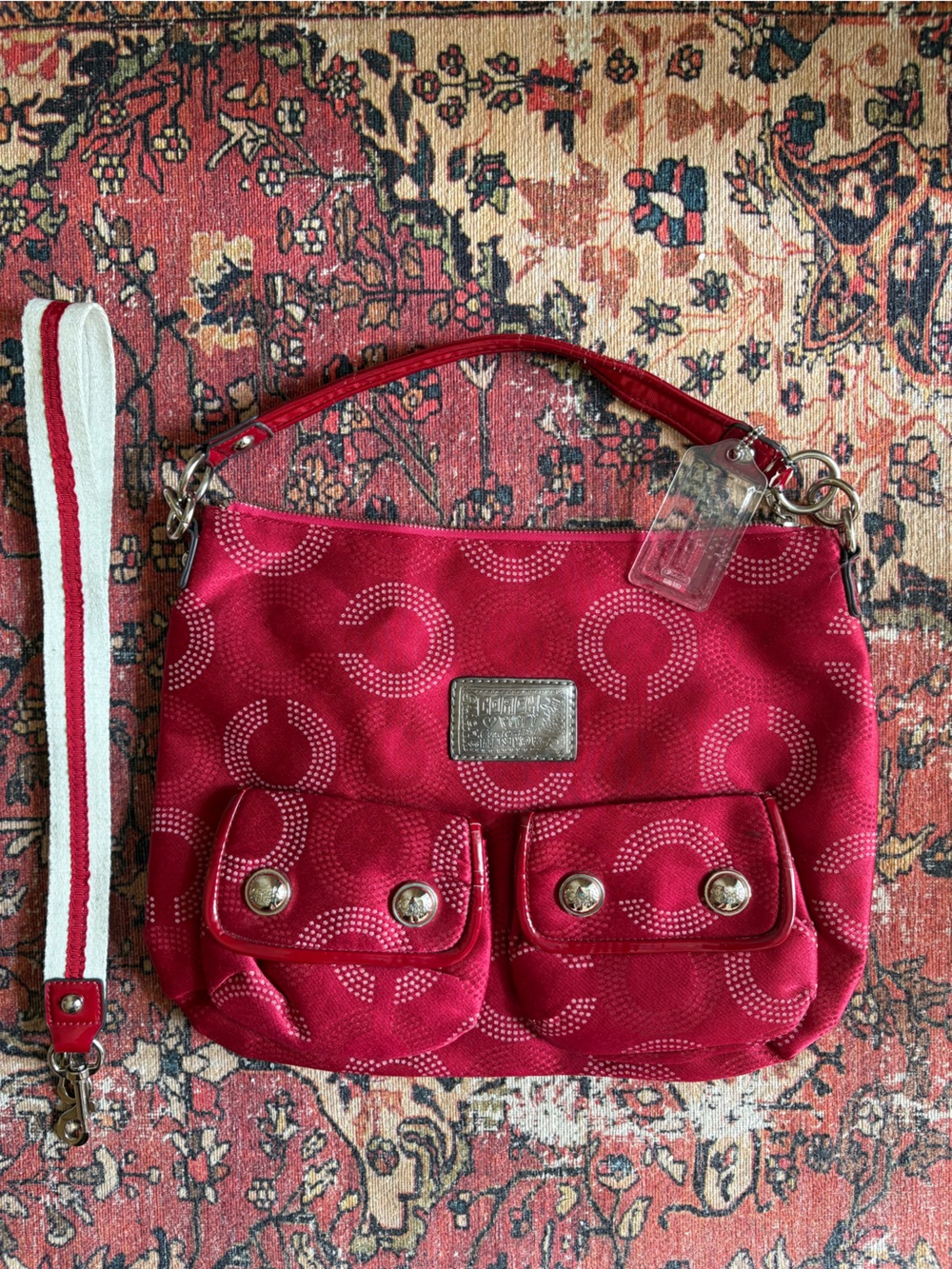 Coach Red Signature Double-Pocket Shoulder Bag with Stripe Strap